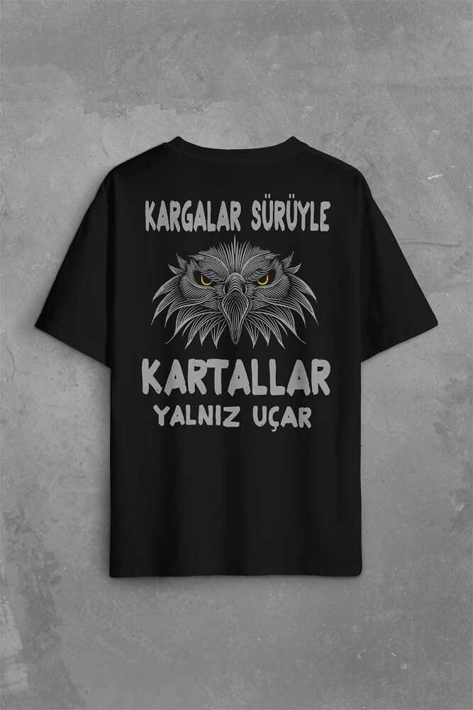 Eagles Fly Alone Kartallar Yalnız Uçar Sırt Ön Baskılı Black Oversize Tişört (1)