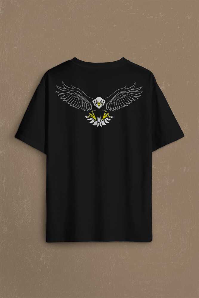 Kara Kartal Eagle Tasarım Sırt Ön Baskılı Black Oversize Tişört Unisex (1)