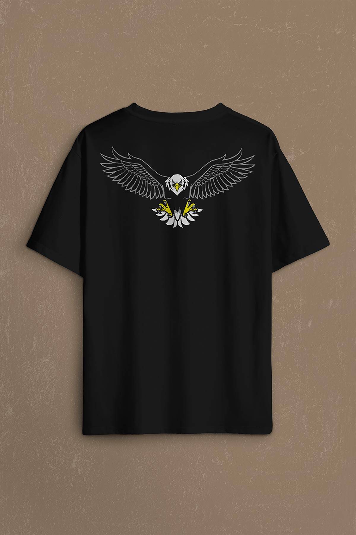Kara Kartal Eagle Tasarım Sırt Ön Baskılı Black Oversize Tişört Unisex (1)