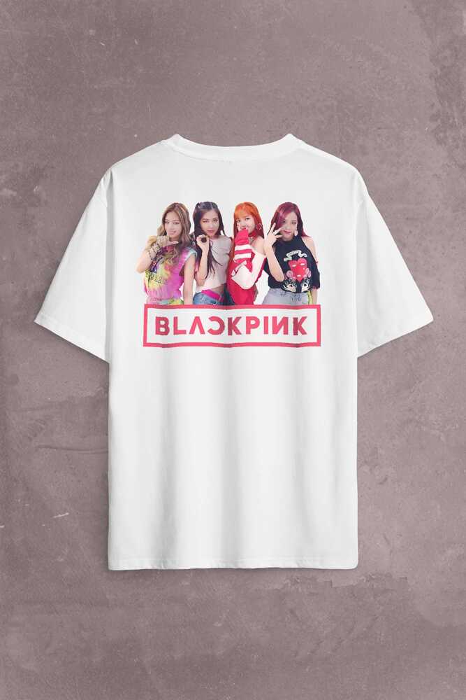 BlackPink Pembe Logo Grup Pozu Müzik Güney Kore Sırt Ön Baskılı Oversize Tişört Unisex