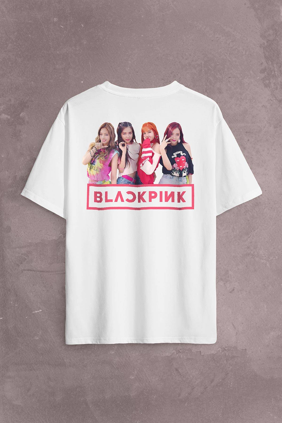BlackPink Pembe Logo Grup Pozu Müzik Güney Kore Sırt Ön Baskılı Oversize Tişört Unisex