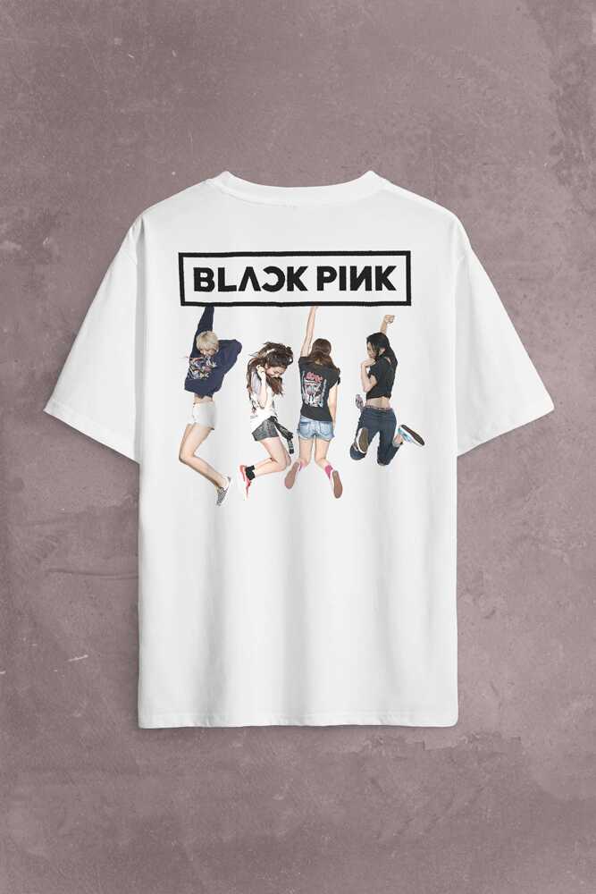 BlackPink Grup Fotoğrafı Müzik Güney Kore Sırt Ön Baskılı Beyaz Oversize Tişört Unisex