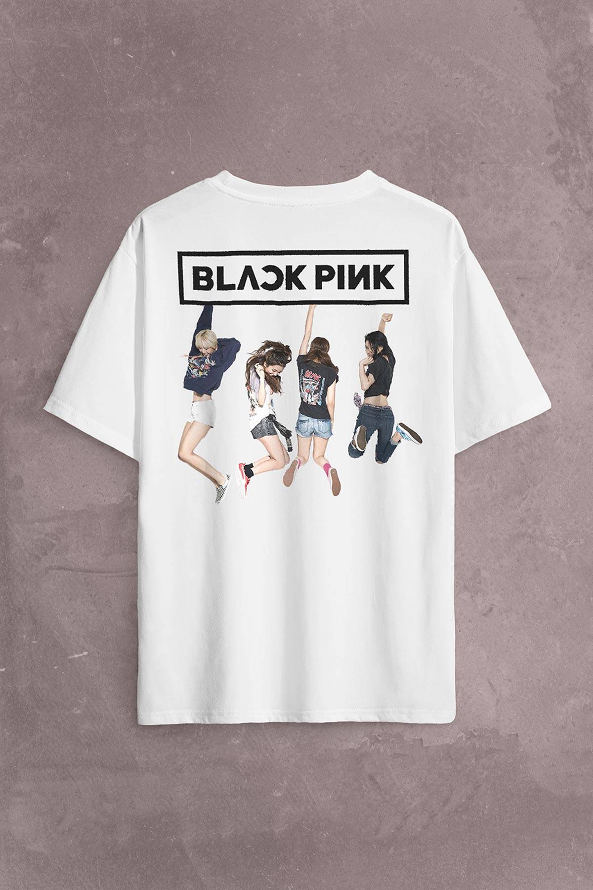 BlackPink Grup Fotoğrafı Müzik Güney Kore Sırt Ön Baskılı Beyaz Oversize Tişört Unisex