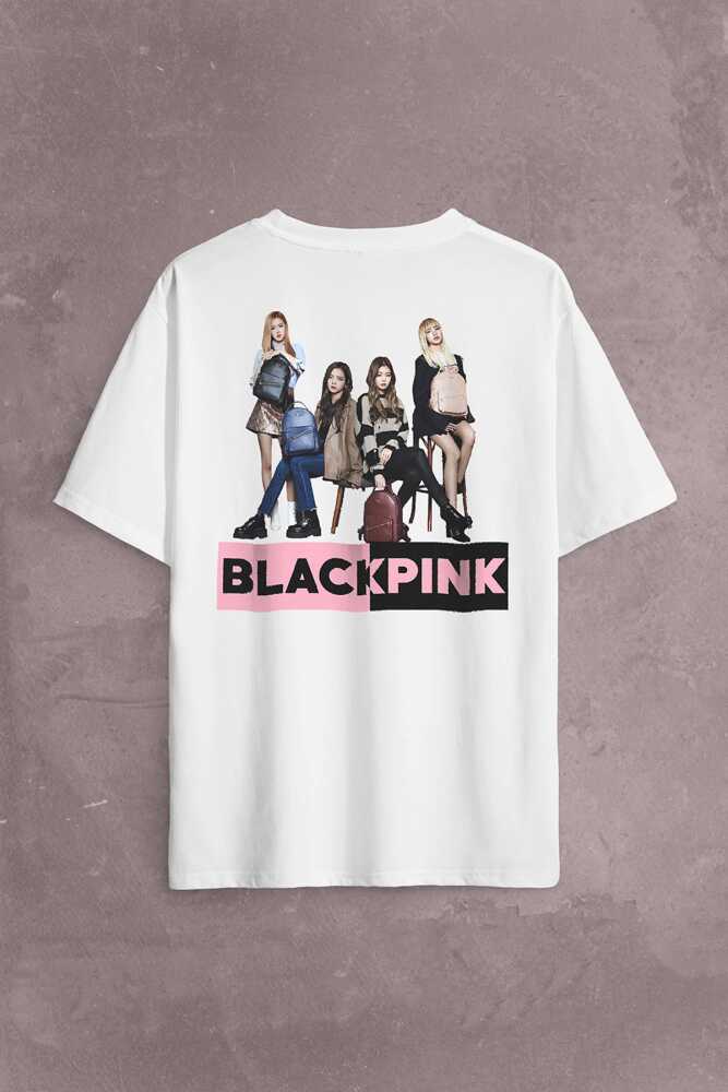 BlackPink Sırt Çantalı Grup Pozu Müzik Güney Kore Sırt Ön Baskılı Beyaz Oversize Tişört Unisex