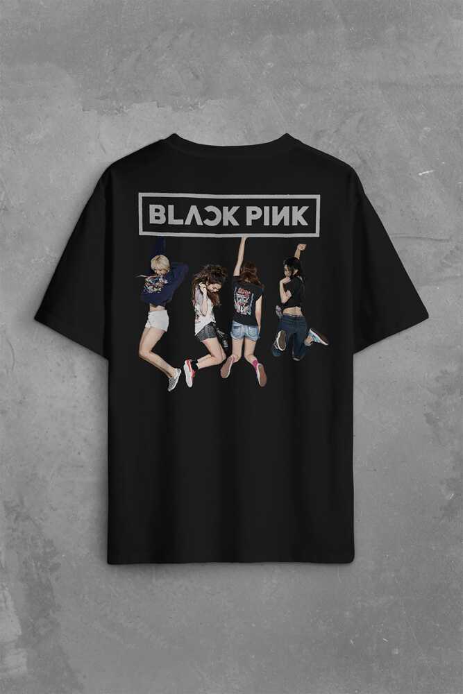 BlackPink Grup Fotoğrafı Müzik Güney Kore Sırt Ön Baskılı Siyah Oversize Tişört Unisex (1)