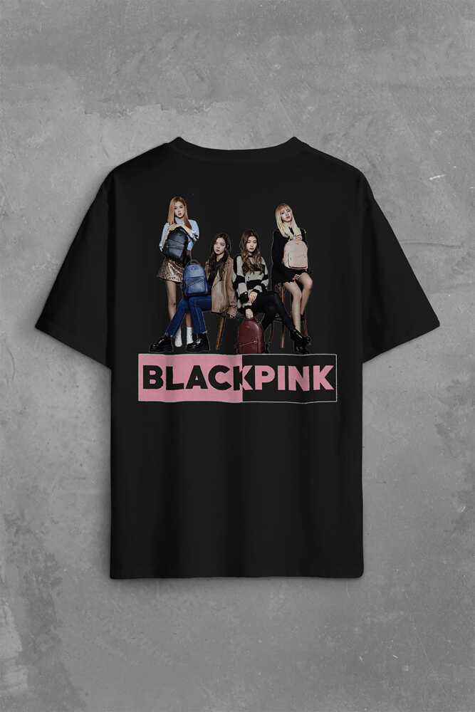 BlackPink Sırt Çantalı Grup Pozu Müzik Güney Kore Sırt Ön Baskılı Siyah Oversize Tişört Unisex (1)