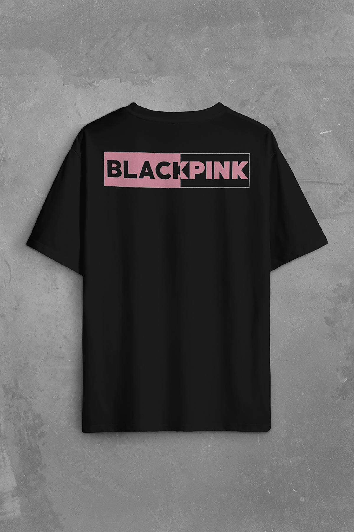 BlackPink Logo Sırt Ön Baskılı Siyah Oversize Tişört Unisex (1)