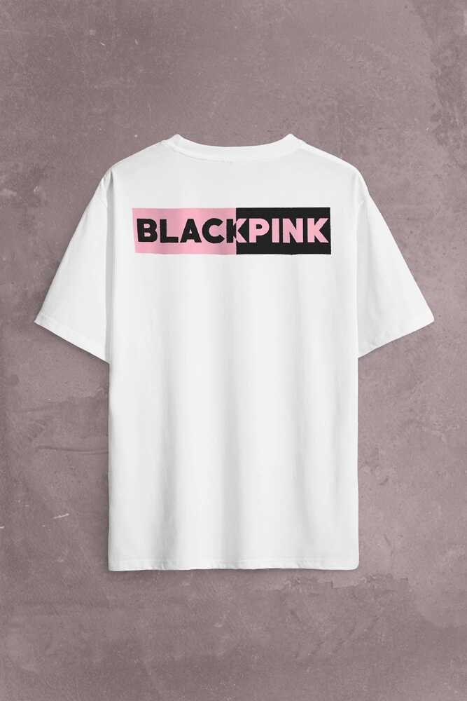 BlackPink Logo Sırt Ön Baskılı Beyaz Oversize Tişört Unisex (1)