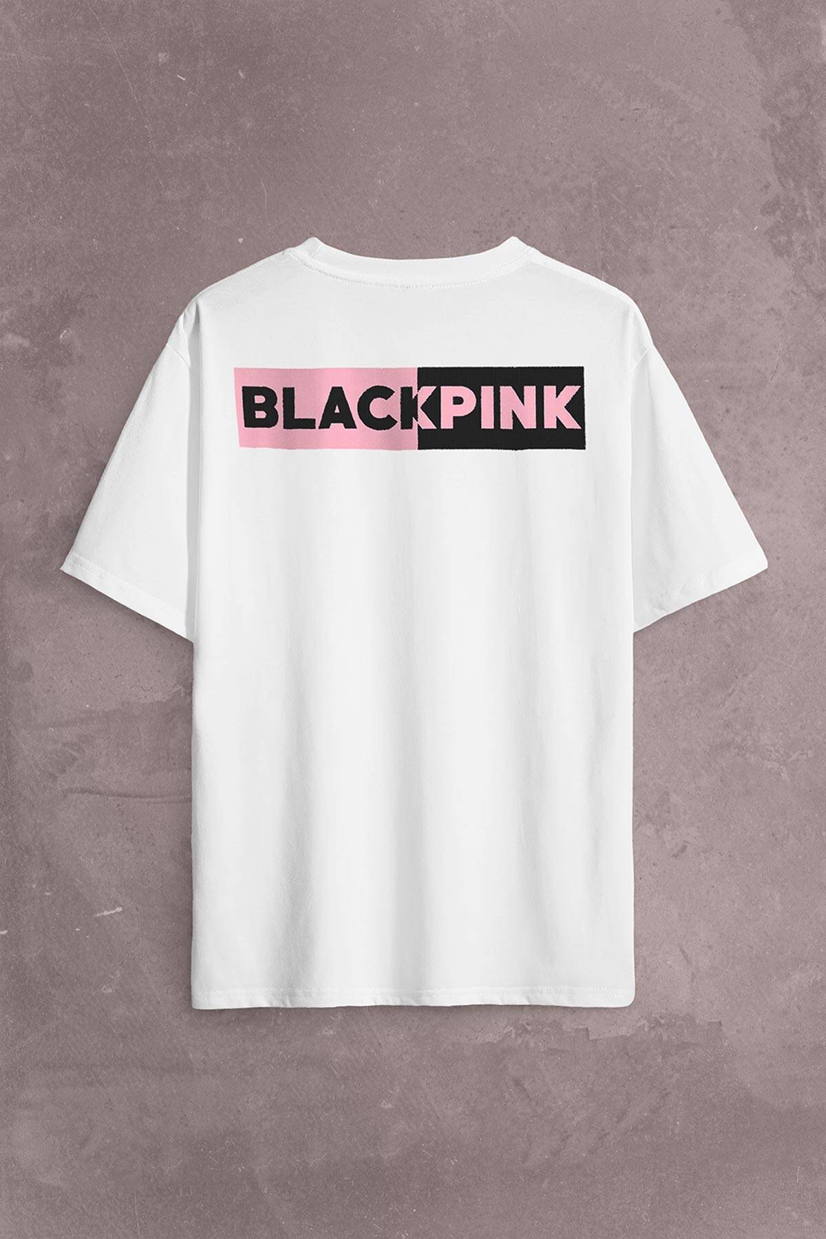 BlackPink Logo Sırt Ön Baskılı Beyaz Oversize Tişört Unisex (1)