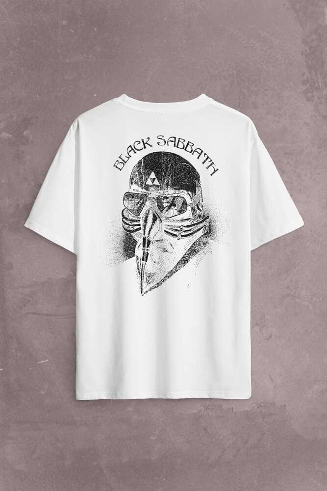 Black Sabbath Rock Heavy Metal Arc Reactor Sırt Ön Baskılı Beyaz Oversize Tişört Unisex (1)