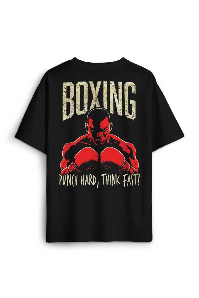 Boks Boxing Punch Hard Think Fast Spor Fight Baskılı Oversize Siyah Unisex Tişört