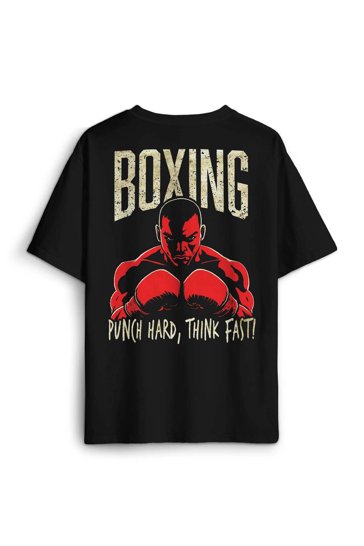 Boks Boxing Punch Hard Think Fast Spor Fight Baskılı Oversize Siyah Unisex Tişört - 1