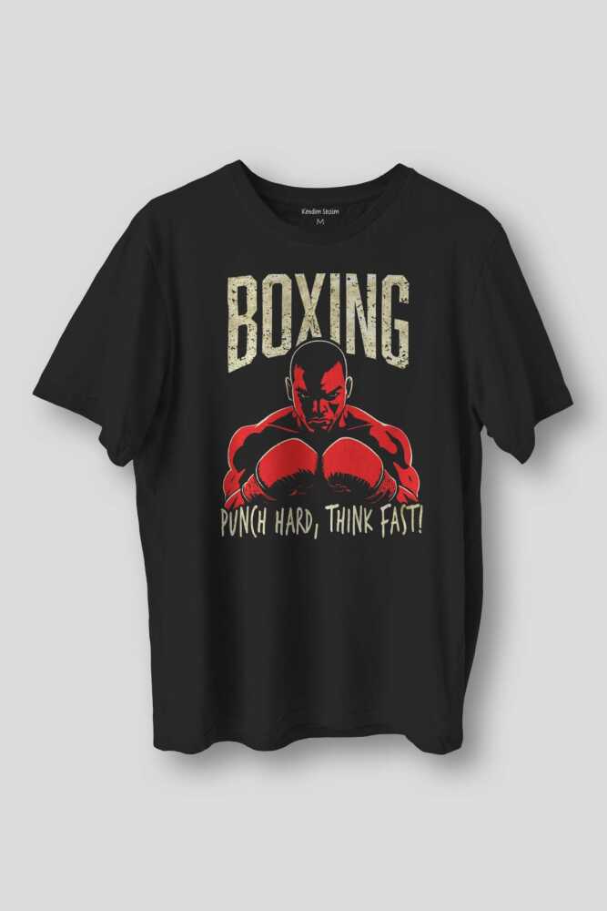 Boks Boxing Punch Hard Think Fast Spor Fight Baskılı Siyah Tişört Unisex