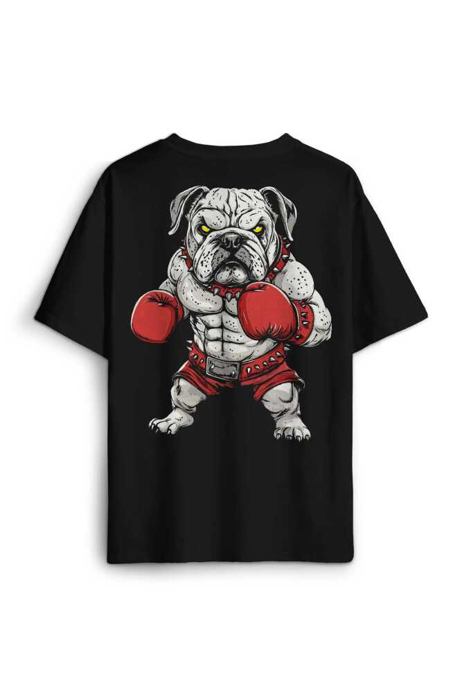Boks Eldivenli Bulldog Boxing Köpek Fight Spor Gym Baskılı Oversize Siyah Unisex Tişört
