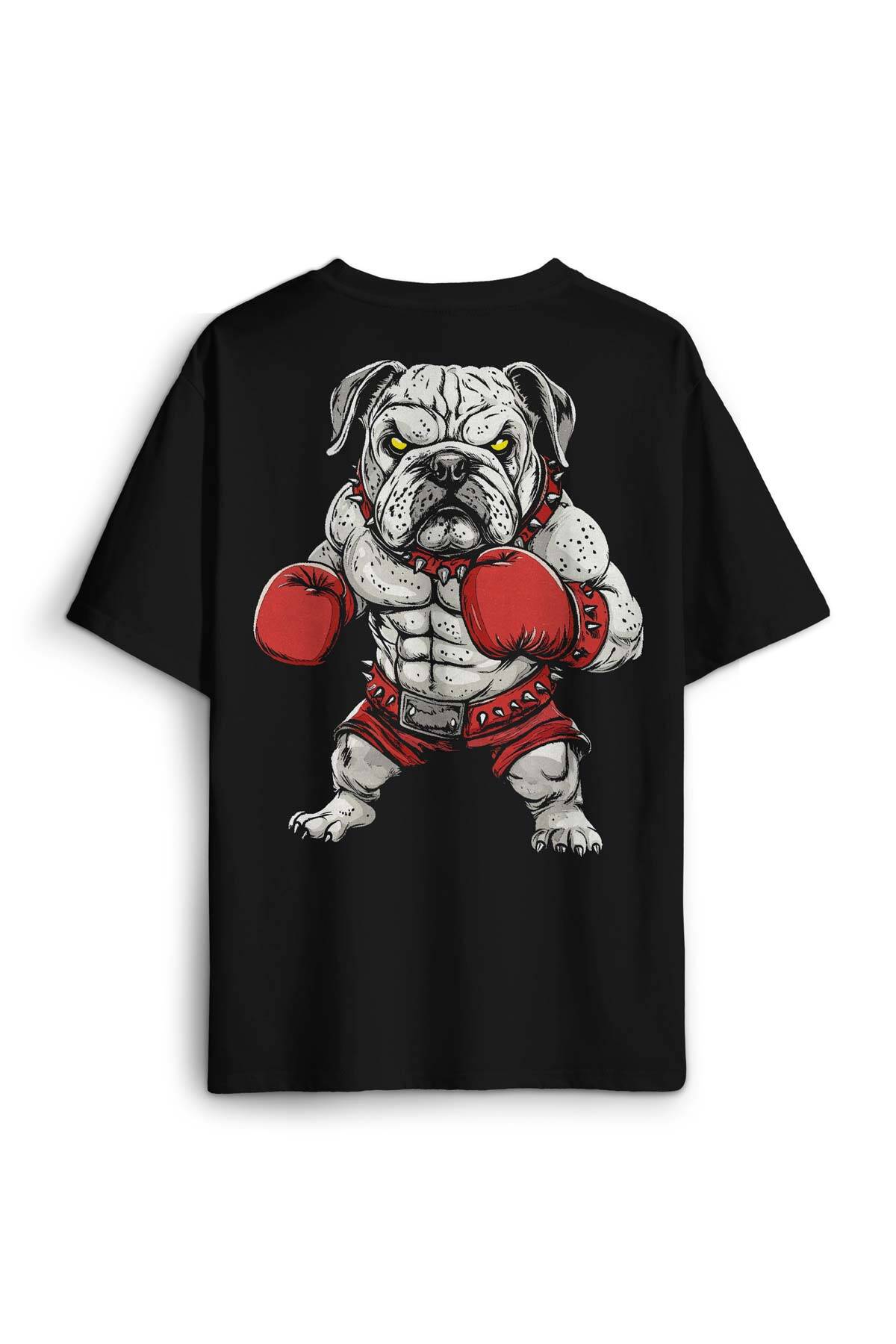 Boks Eldivenli Bulldog Boxing Köpek Fight Spor Gym Baskılı Oversize Siyah Unisex Tişört - 1
