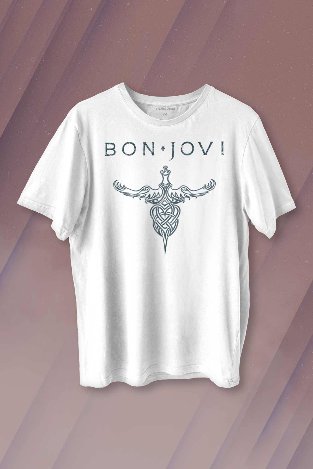 Bon Jovi Rock Music Gitar Müzik Kısa Kollu Baskılı Tişört Unisex T-shirt - 1
