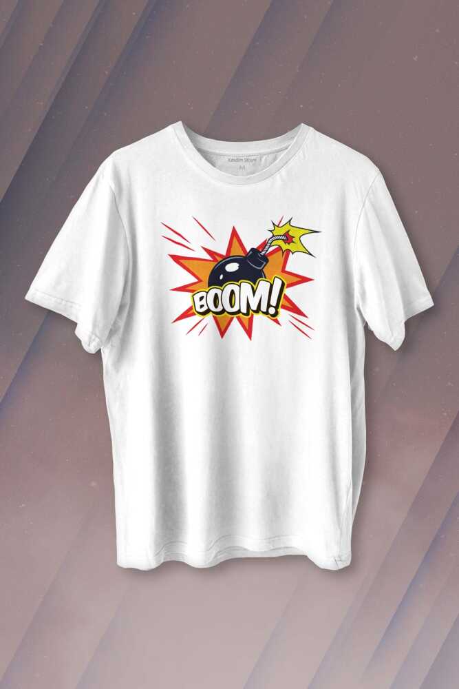 Boom Bomba Eğlenceli Funny El Bombası Baskılı Beyaz Tişört Unisex