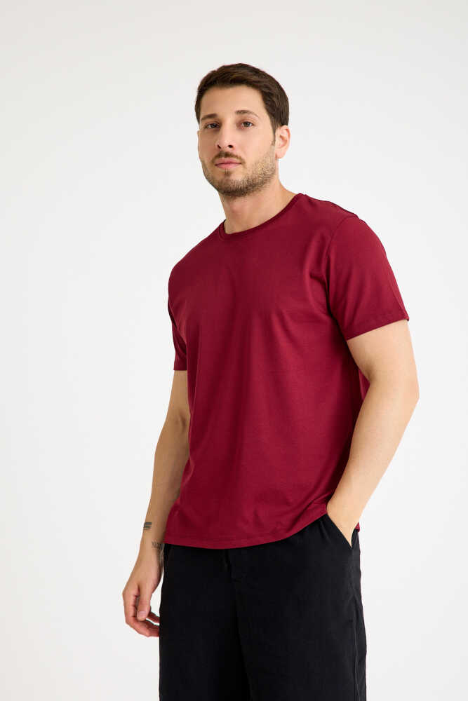 Bordo Tişört Basic Erkek Regular Loose Fit Pamuklu T-shirt Kısa Kollu - 1