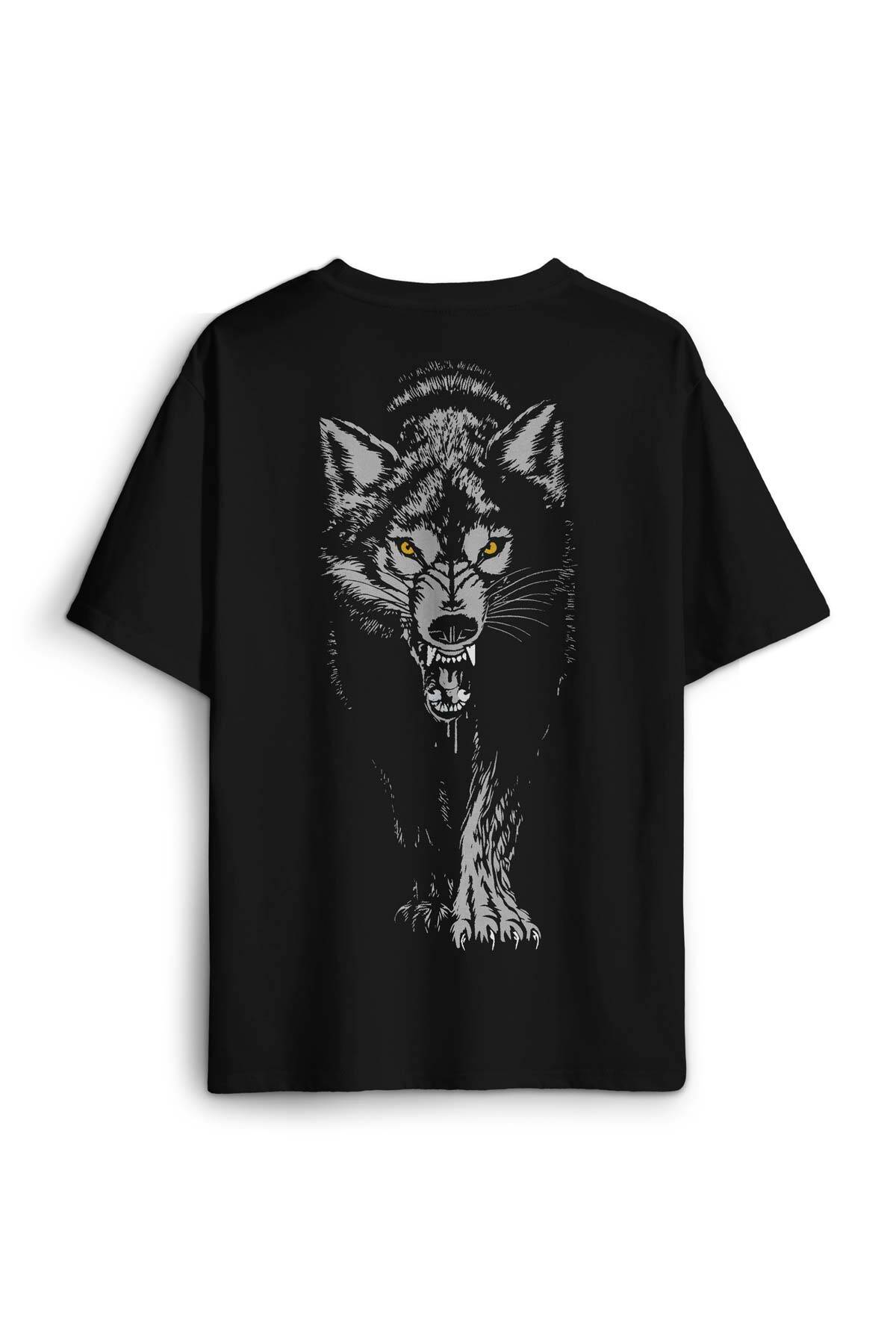 Kurt Kafası Wolf Gri Bozkurt Sırt Ön Baskılı Oversize Tişört Unisex - 1