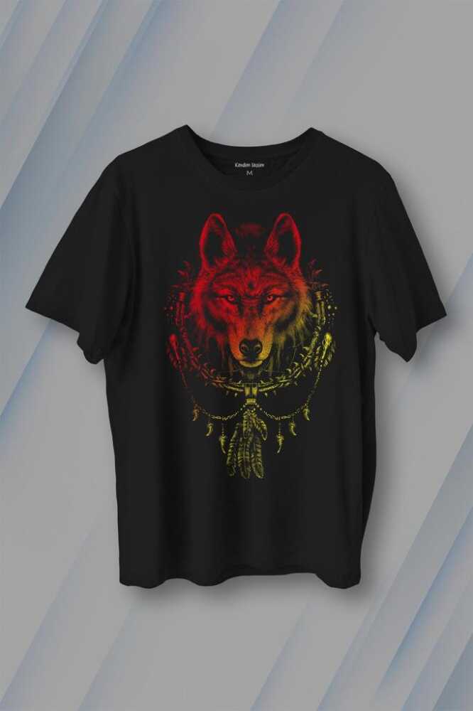 Bozkurt Kurt Kafası Wolf Sarı Kırmızı Baskılı Tişört Unisex