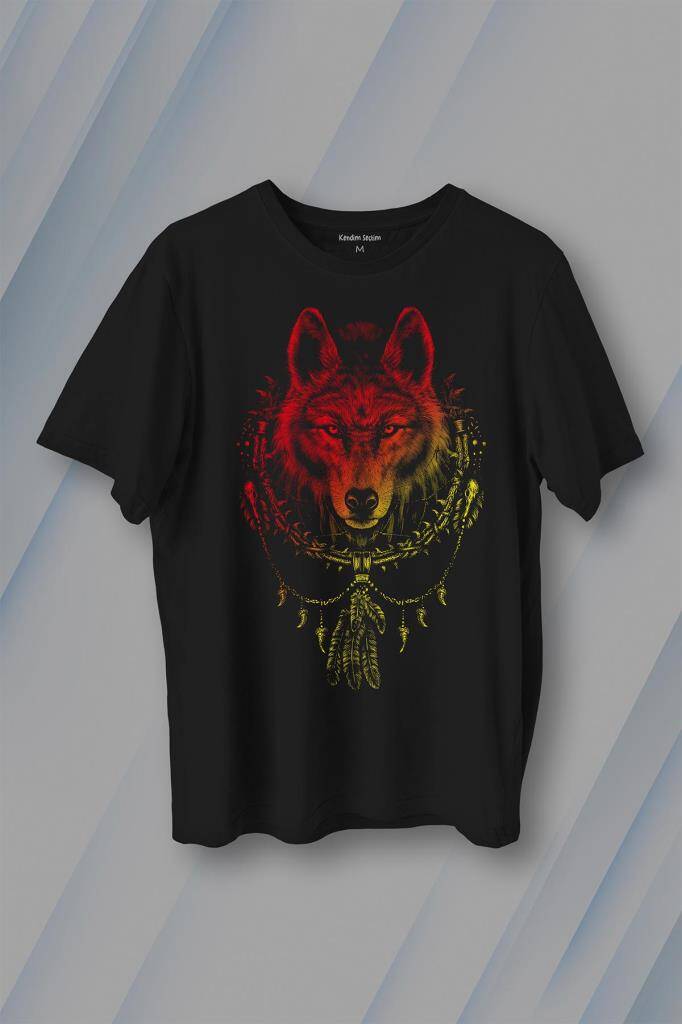 Bozkurt Kurt Kafası Wolf Sarı Kırmızı Baskılı Tişört Unisex