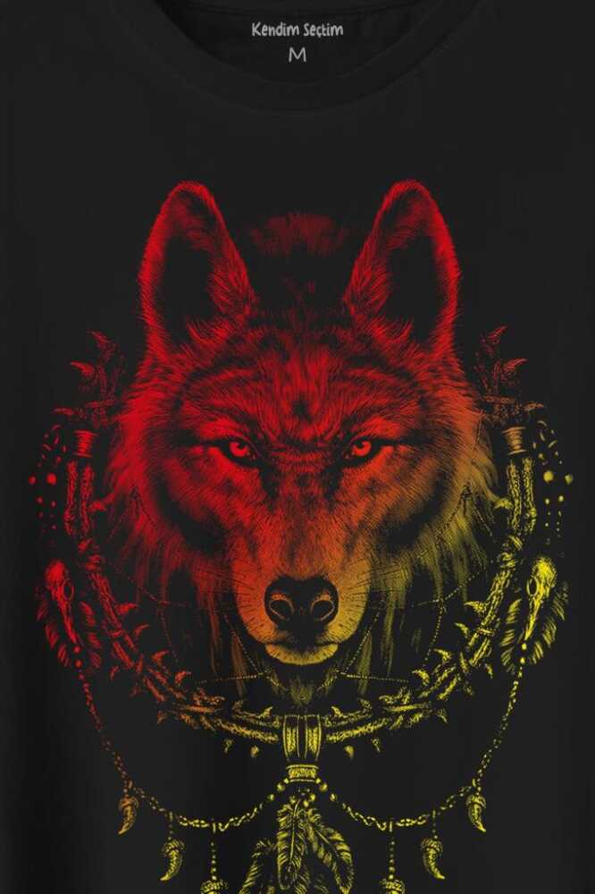 Bozkurt Kurt Kafası Wolf Sarı Kırmızı Baskılı Tişört Unisex (1)