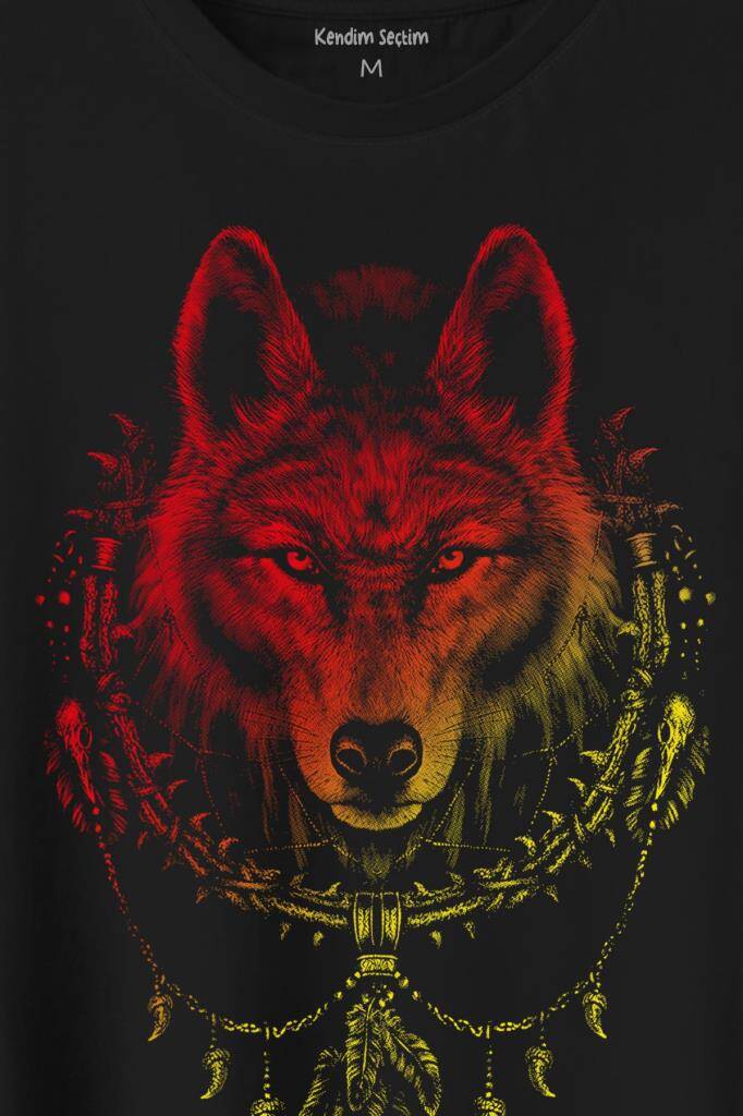 Bozkurt Kurt Kafası Wolf Sarı Kırmızı Baskılı Tişört Unisex (1)