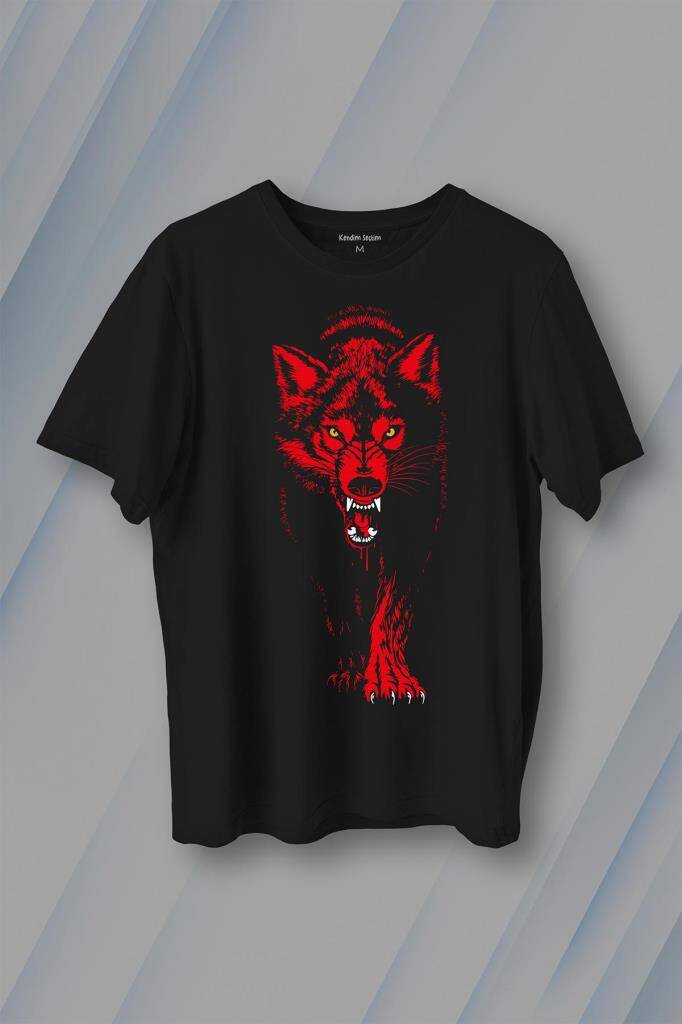 Sarı Kırmızı Bozkurt Kurt Kafası Wolf Baskılı Tişört Unisex