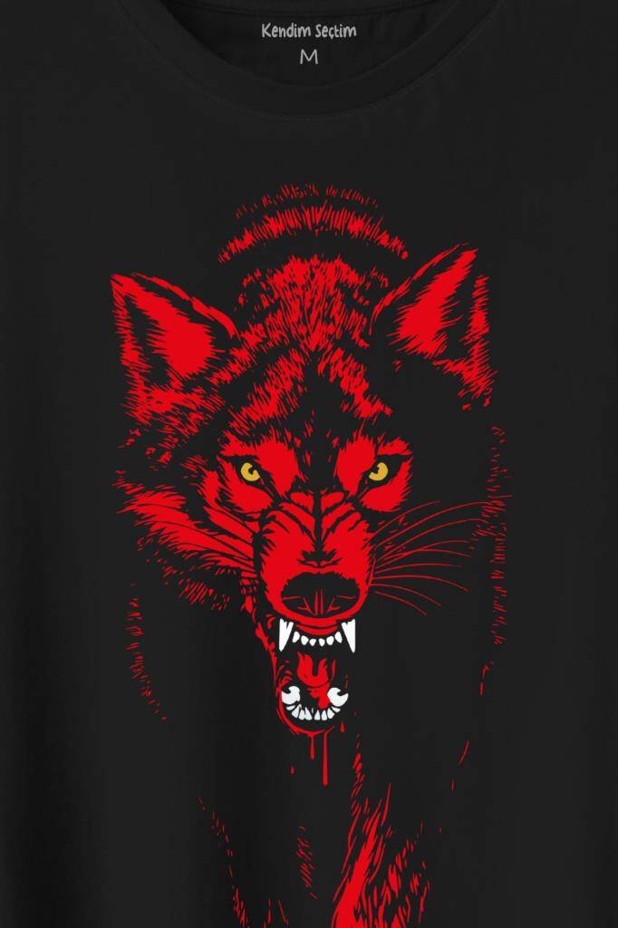 Sarı Kırmızı Bozkurt Kurt Kafası Wolf Baskılı Tişört Unisex (1)