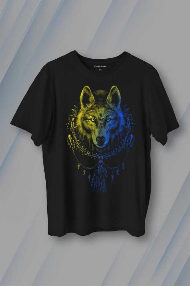 Bozkurt Kurt Kafası Wolf Sarı Lacivert Baskılı Tişört Unisex