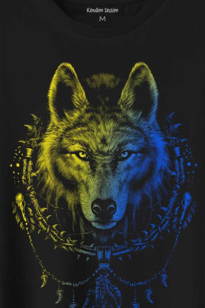 Bozkurt Kurt Kafası Wolf Sarı Lacivert Baskılı Tişört Unisex (1)
