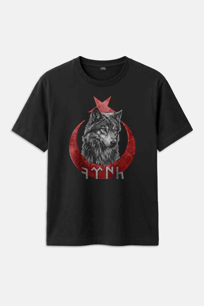Bozkurt Türk Bayrağı Göktürkçe Yazılı Ay Yıldız Siyah Unisex Regular Fit Tişört