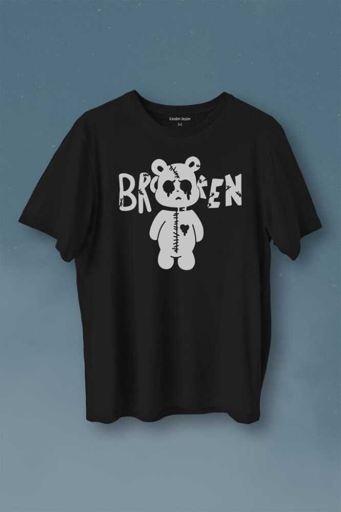 Broken Bear Mutsuz Ayıcık Baskılı Siyah Tişört Unisex