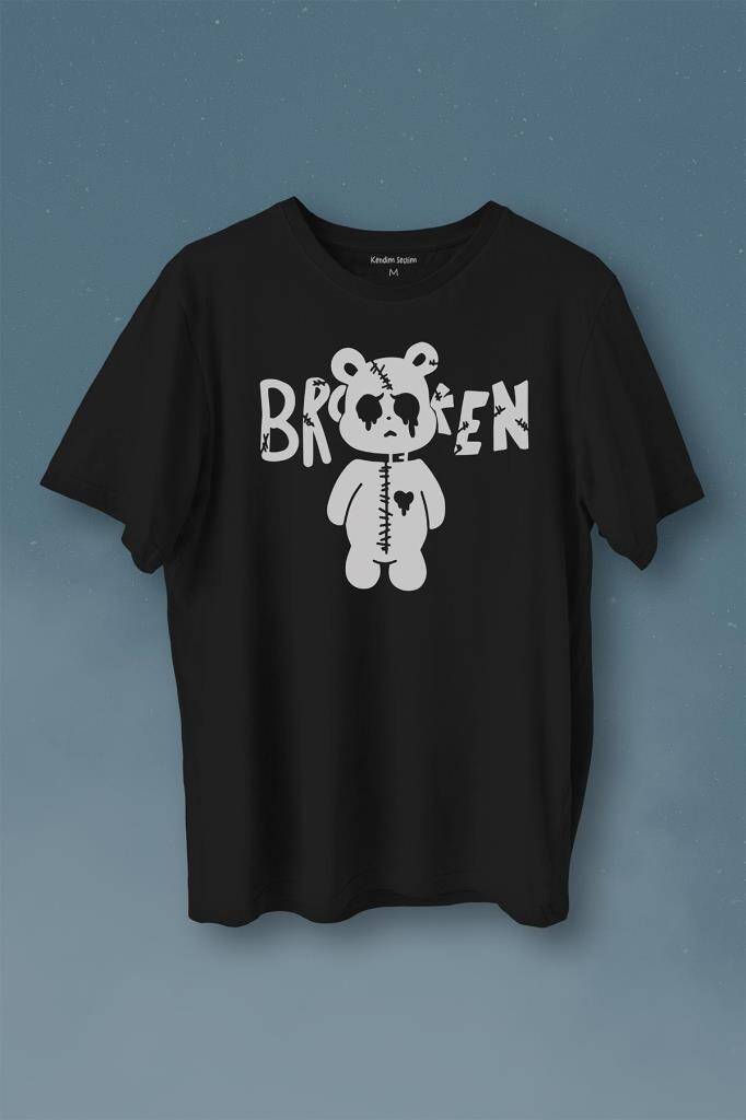 Broken Bear Mutsuz Ayıcık Baskılı Siyah Tişört Unisex