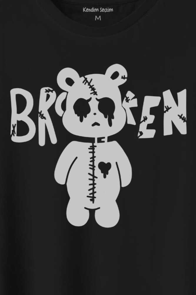 Broken Bear Mutsuz Ayıcık Baskılı Siyah Tişört Unisex (1)