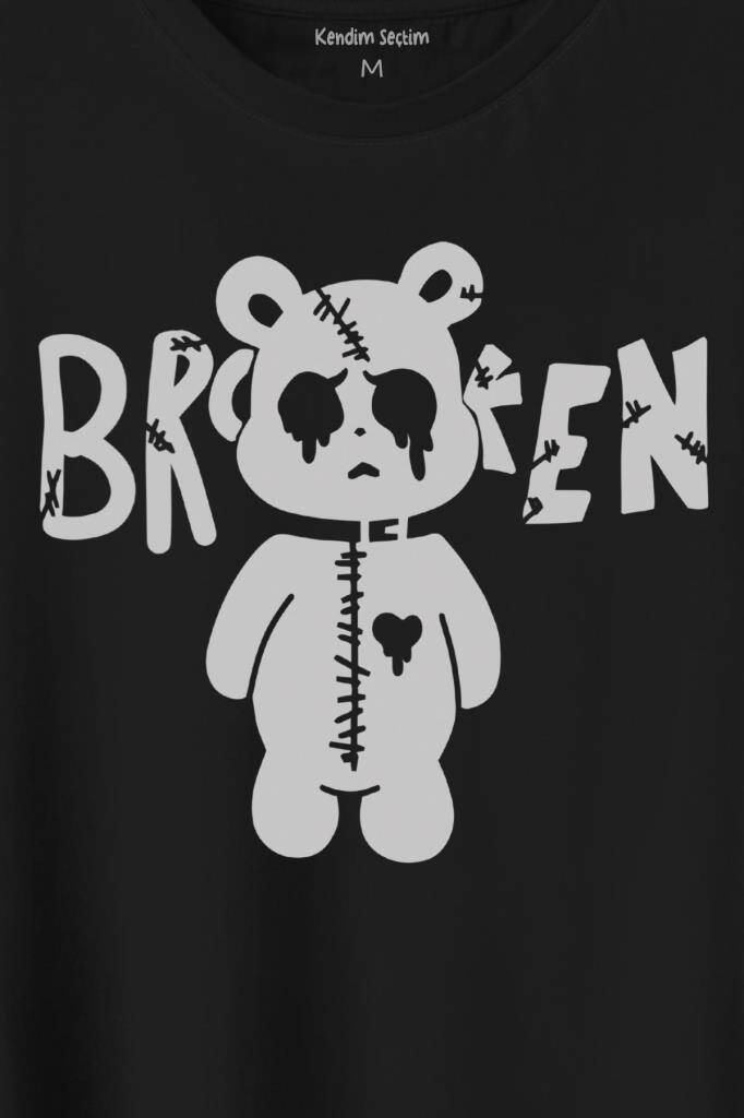 Broken Bear Mutsuz Ayıcık Baskılı Siyah Tişört Unisex (1)