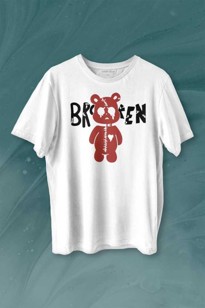 Broken Bear Mutsuz Ayıcık Baskılı Beyaz Tişört Unisex