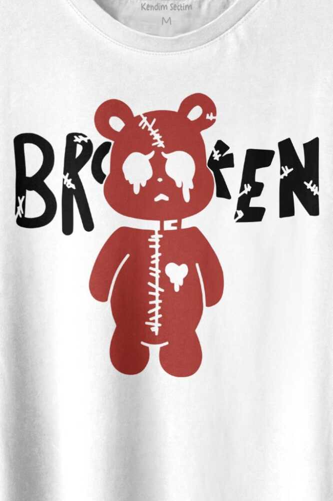Broken Bear Mutsuz Ayıcık Baskılı Beyaz Tişört Unisex (1)