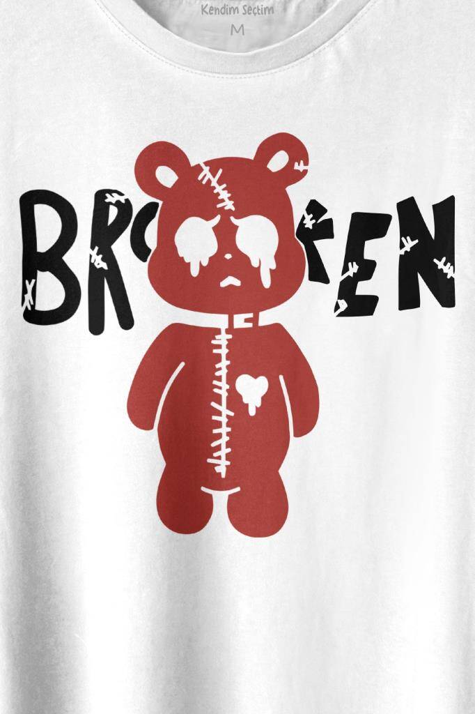 Broken Bear Mutsuz Ayıcık Baskılı Beyaz Tişört Unisex (1)