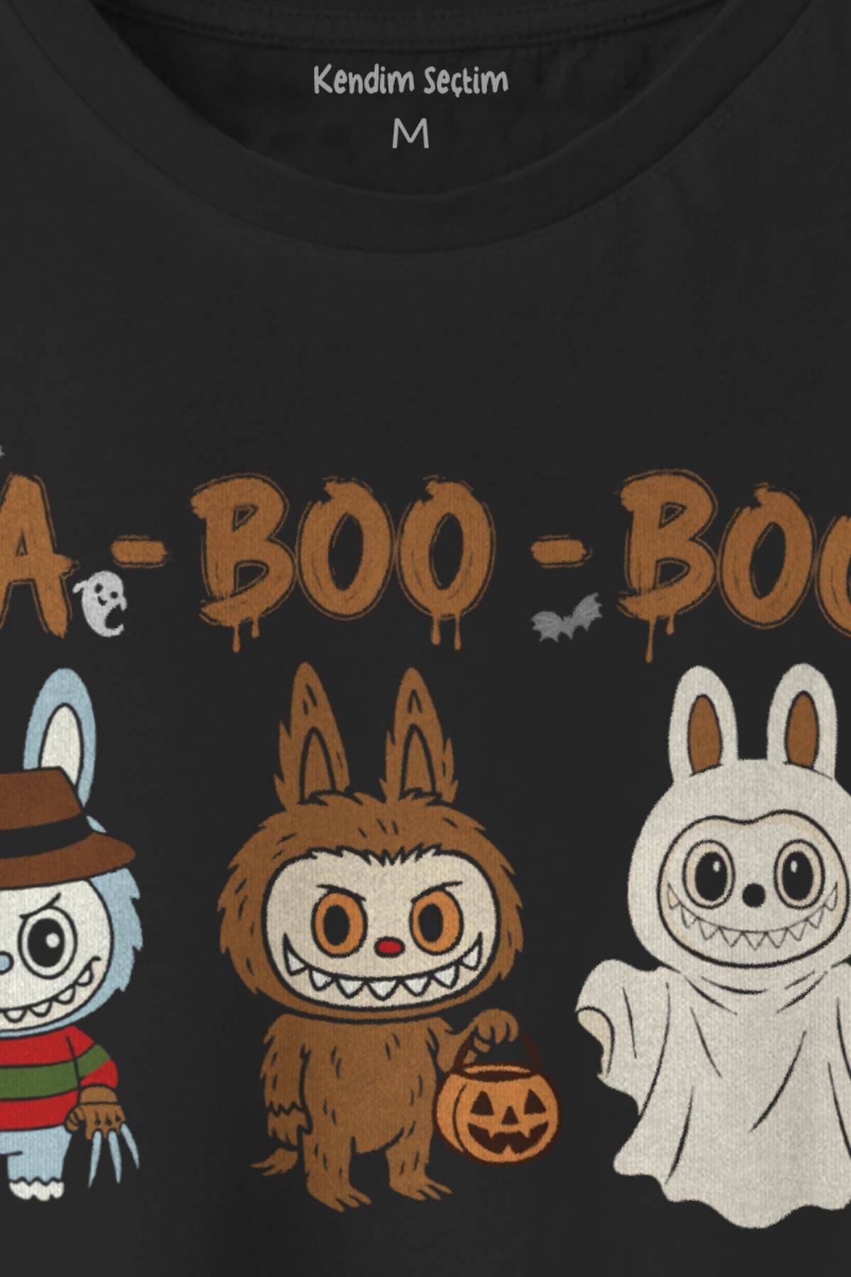 Cadılar Bayramı Halloween La Boo Boo Baskılı Unisex Tişört Sevimli Hayalet Siyah T-shirt (1)