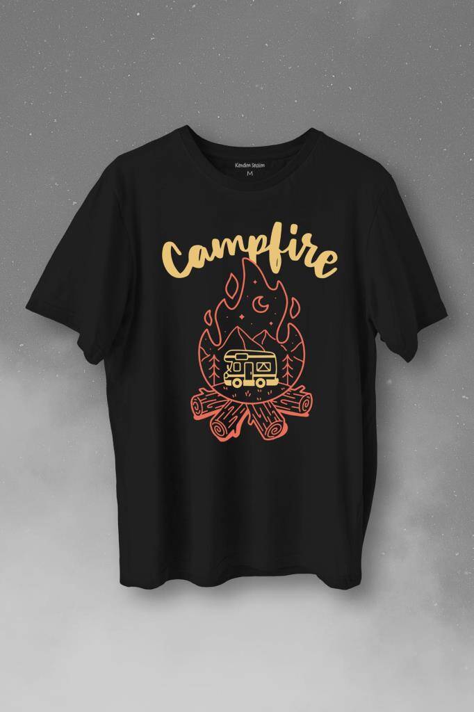 Camping Fire Kamp Ateşi Outdoor Travel Gezgin Baskılı Siyah Tişört Unisex