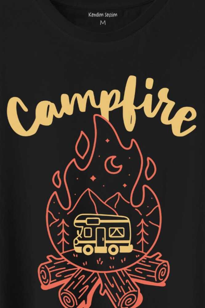 Camping Fire Kamp Ateşi Outdoor Travel Gezgin Baskılı Siyah Tişört Unisex (1)