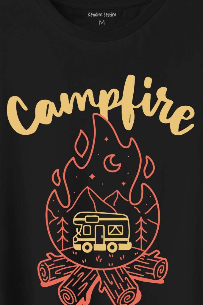 Camping Fire Kamp Ateşi Outdoor Travel Gezgin Baskılı Siyah Tişört Unisex (1)