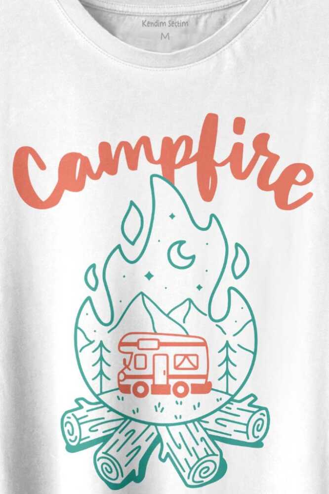 Camping Fire Kamp Ateşi Outdoor Travel Gezgin Baskılı Beyaz Tişört Unisex (1)