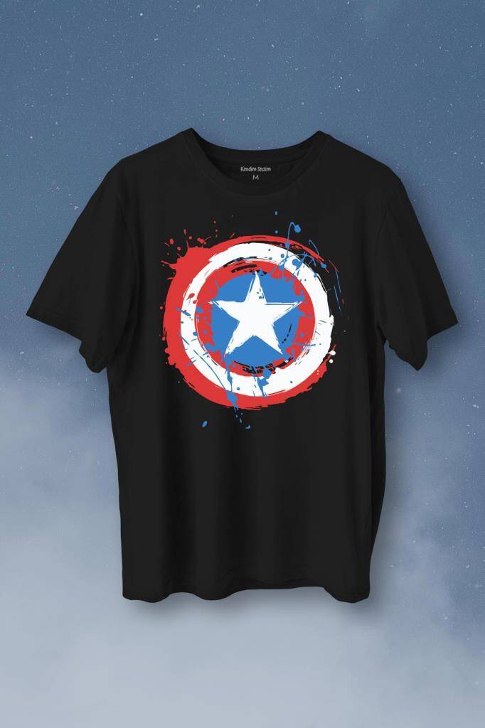 Captain America Kaptan Amerika Kalkan Logo Baskılı Siyah Tişört Unisex