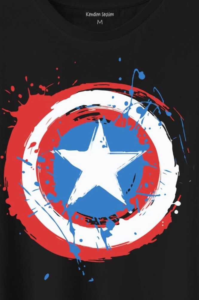 Captain America Kaptan Amerika Kalkan Logo Baskılı Siyah Tişört Unisex (1)