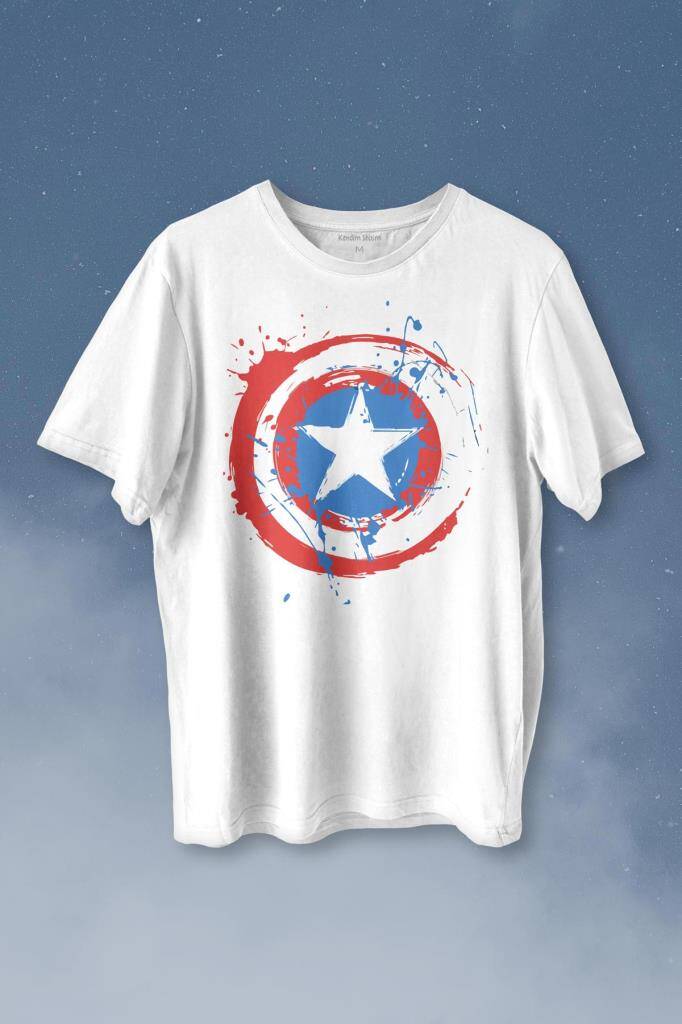 Captain America Kaptan Amerika Kalkan Logo Baskılı Beyaz Tişört Unisex
