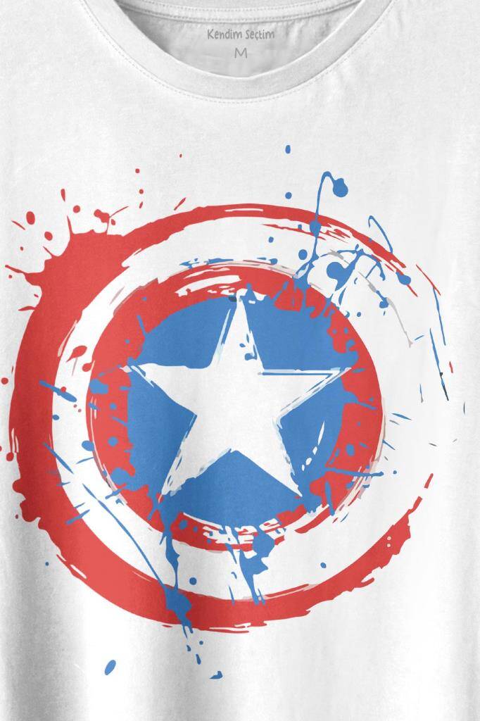 Captain America Kaptan Amerika Kalkan Logo Baskılı Beyaz Tişört Unisex (1)