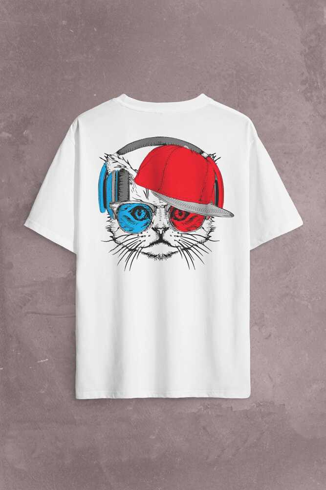Cat Glasses Gözlüklü Bordo Mavi Kedi Sırt Ön Baskılı Oversize Tişört Unisex