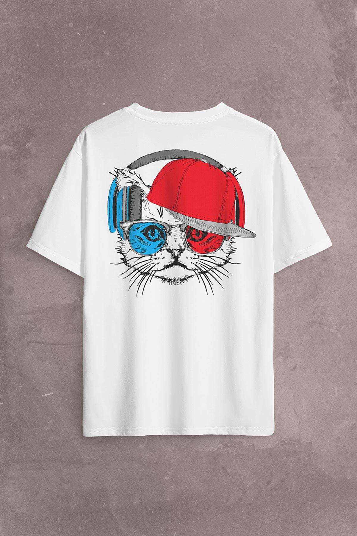 Cat Glasses Gözlüklü Bordo Mavi Kedi Sırt Ön Baskılı Oversize Tişört Unisex